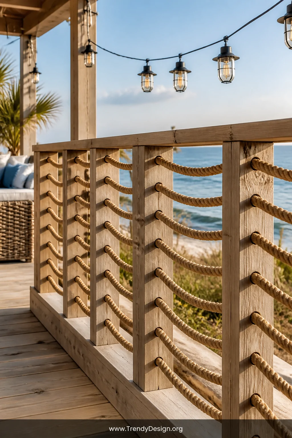 A wide photorealistic shot of a coastal-inspired deck railing featuring thick natural manila rope woven tightly through pre-d