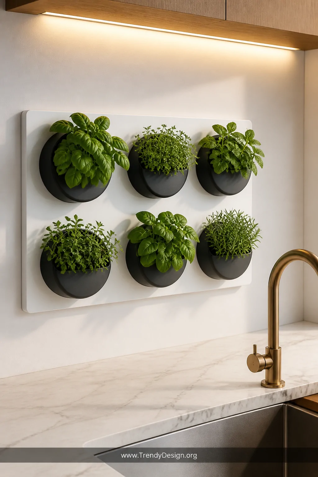 A sleek rectangular magnetic board mounted on a clean white kitchen wall holding six round magnetic metal planters filled wit
