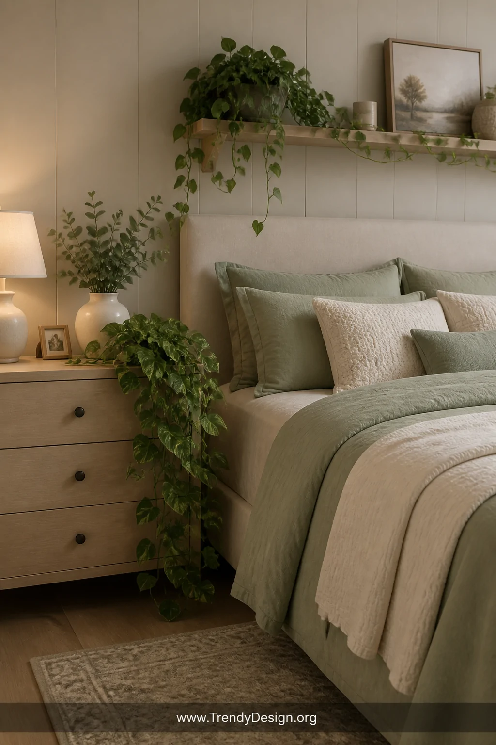 Medium shot of a serene bedroom with a trailing faux pothos cascading from a linen-colored nightstand beside a neatly made be