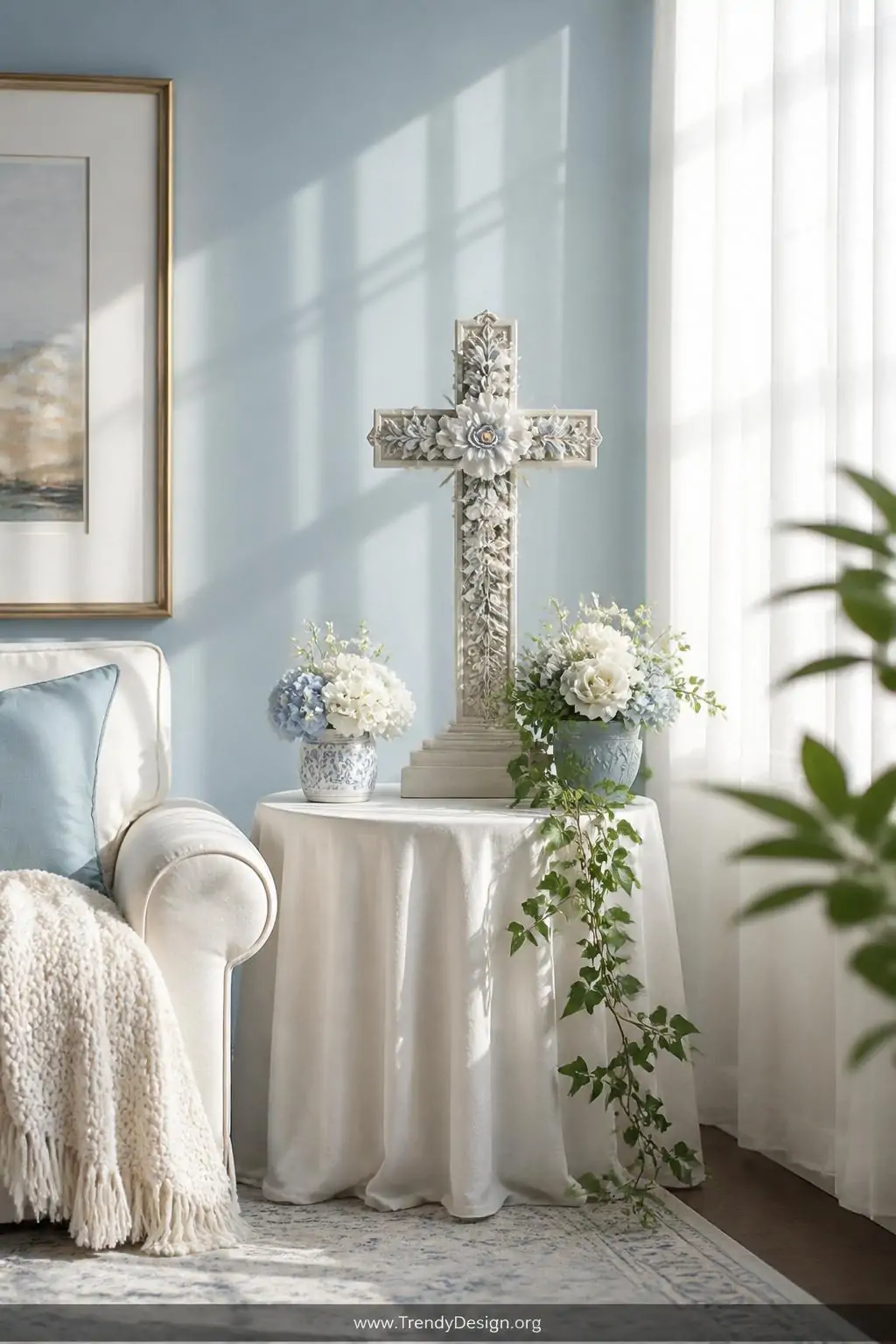 A wide shot of a serene Sunday-morning living room corner featuring a white linen-draped side table with an elegant floral cr