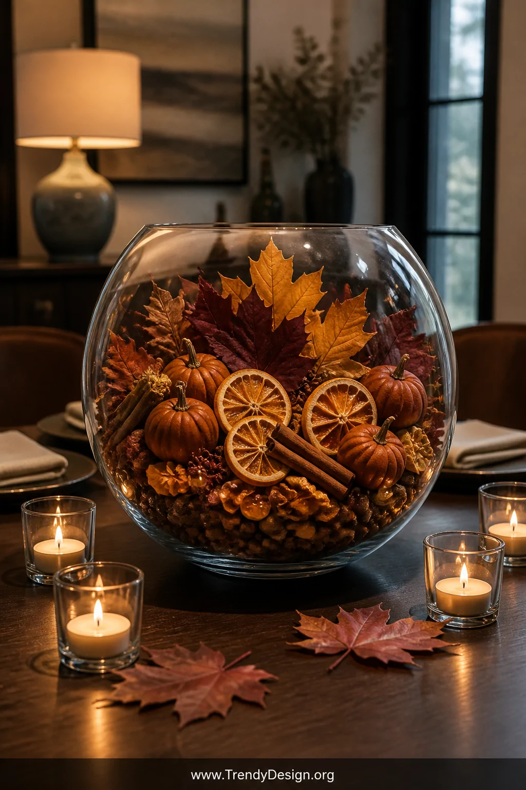 Wide styled shot of a glass fish bowl terrarium as a dining table centerpiece dressed for autumn, filled with dried orange sl
