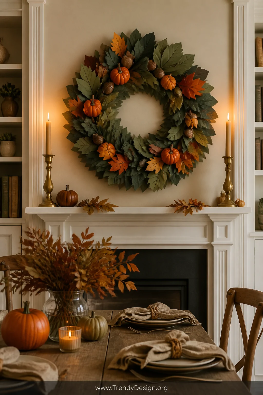 Medium shot of a dining room interior with a large twenty-four-inch 3D poster board wreath mounted as the focal centerpiece a
