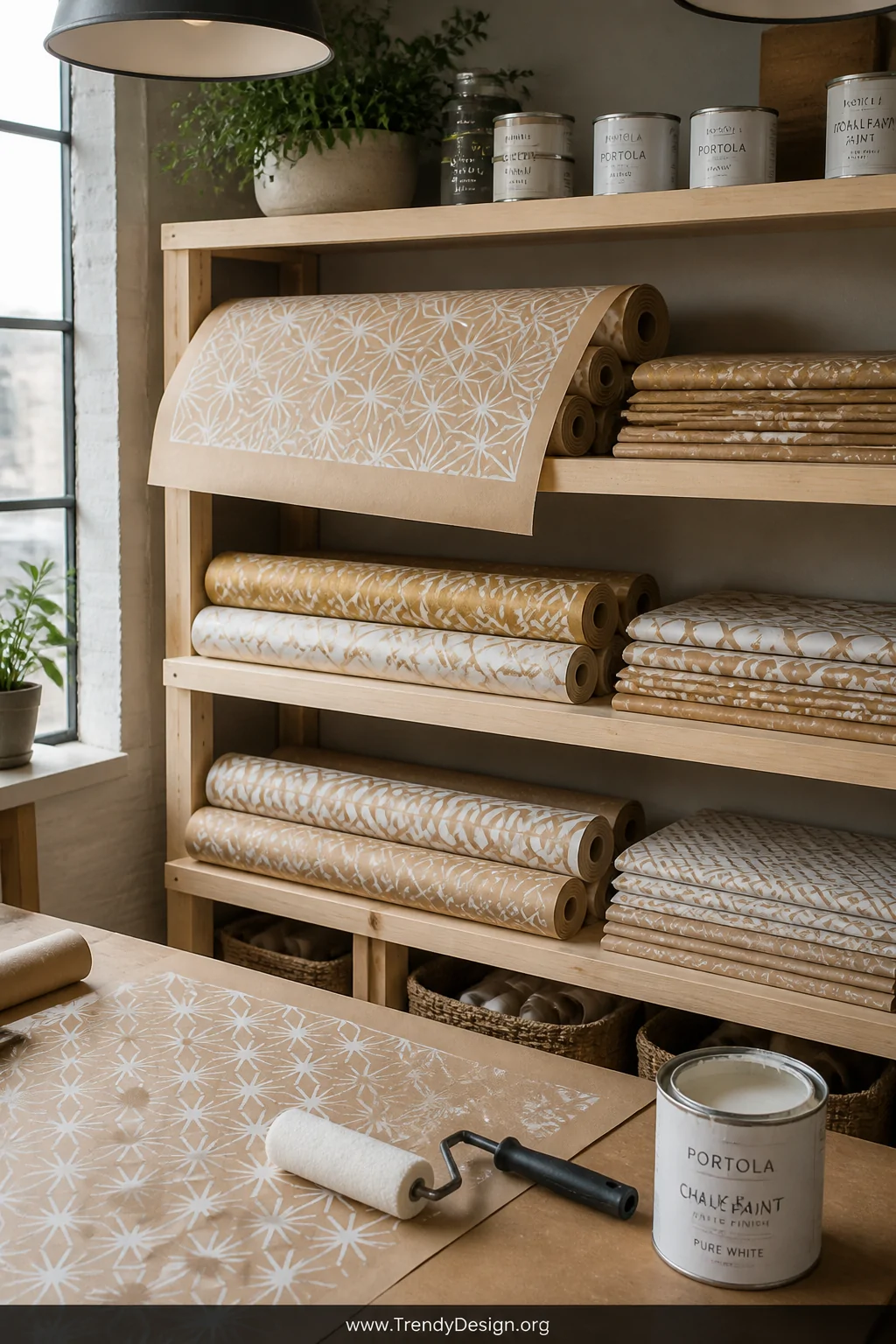 Medium shot of a styled craft room shelving unit displaying neatly rolled and flat-stacked kraft paper stenciled with crisp r