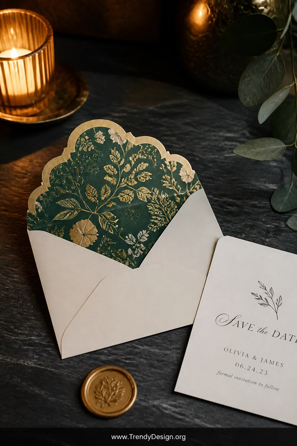 A close-up medium shot captures a partially opened cream A6 mailing envelope revealing a spectacular Cricut-cut envelope line
