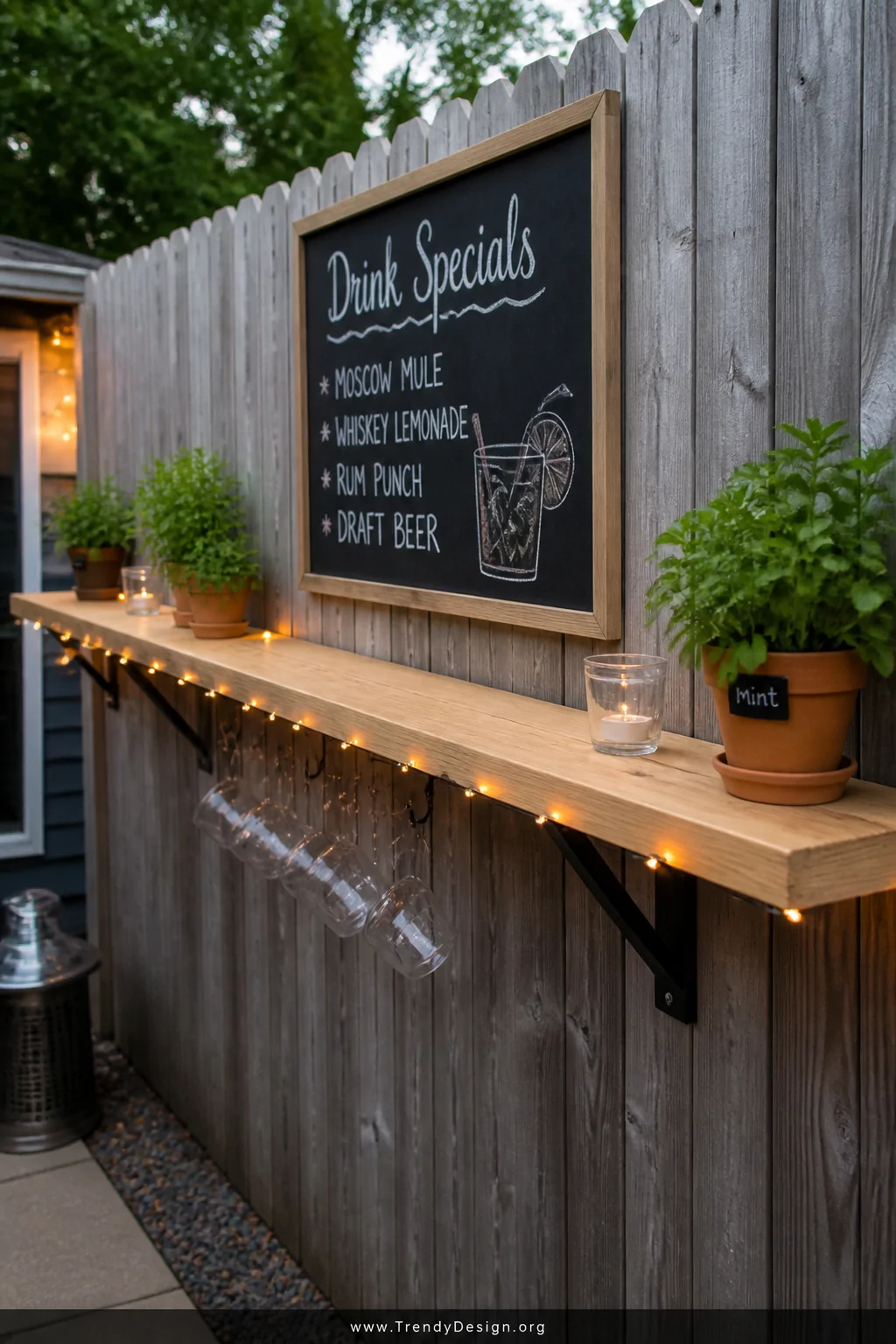 A medium shot of a long natural pine fence-mounted bar shelf bracketed securely to a weathered grey privacy fence at bar heig