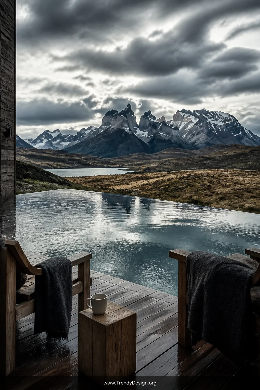 Photorealistic wide-angle shot of Patagonia Camp's heated infinity pool overlooking Torres del Paine, dramatic granite spire 