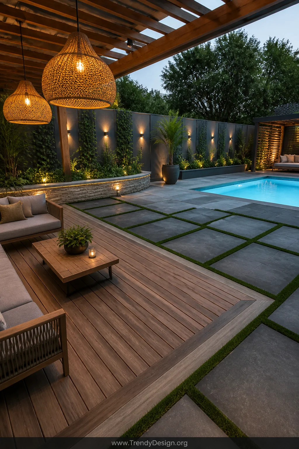 Wide photorealistic shot of a sophisticated mixed-material backyard pool surround combining large charcoal concrete pavers in