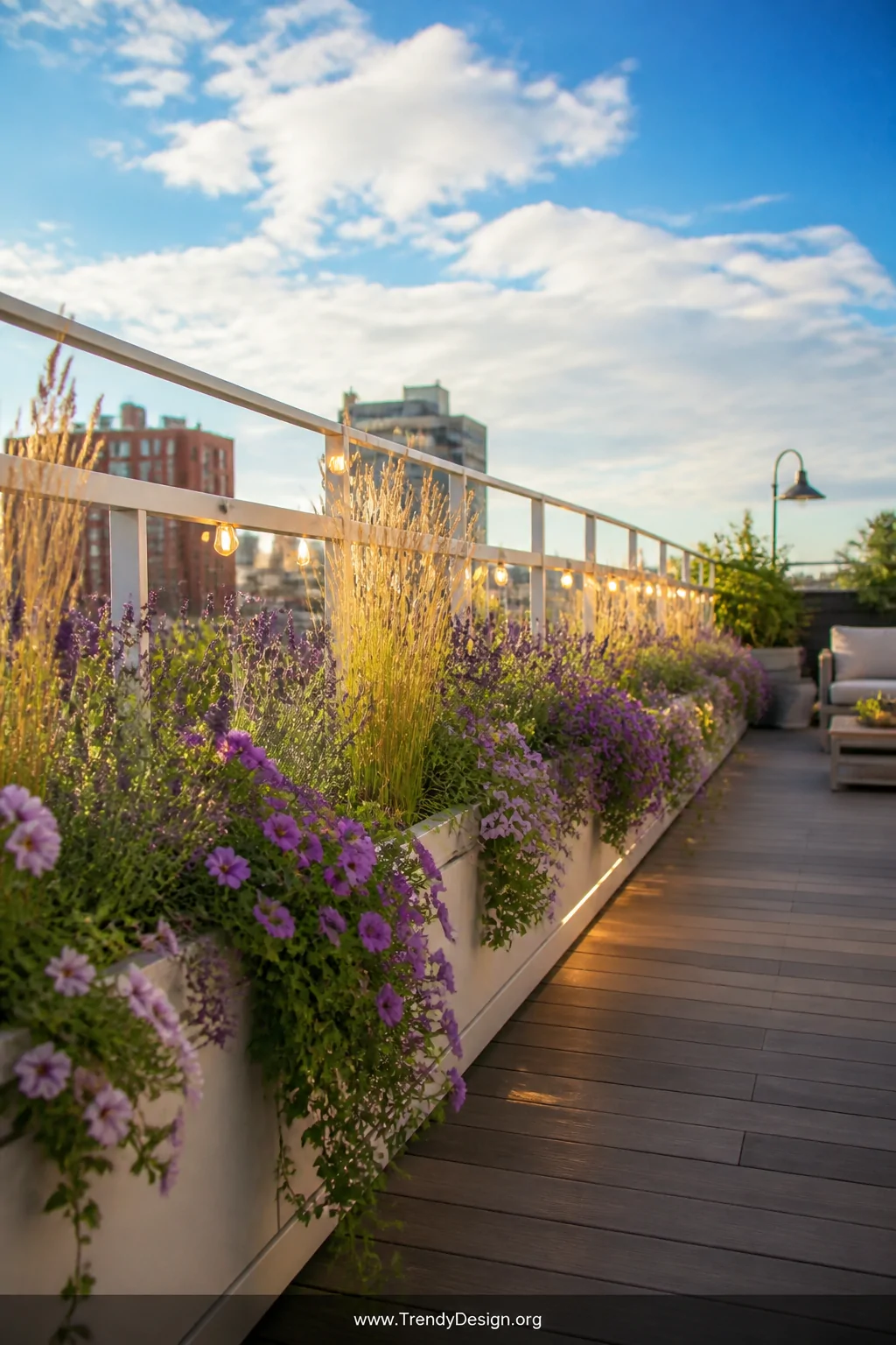 Wide photorealistic shot of a lush urban flat rooftop terrace where built-in rectangular planter boxes integrated into white 