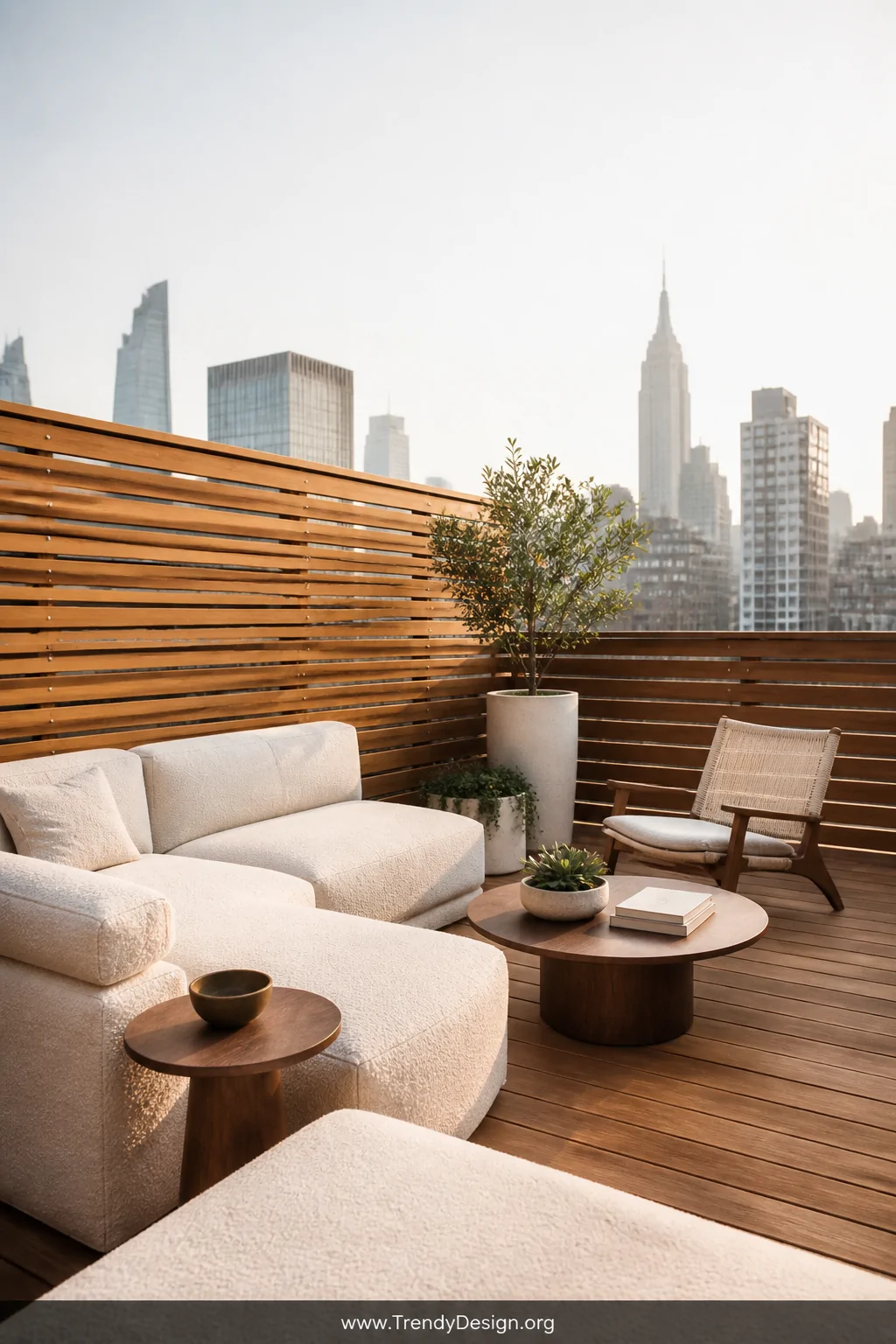 Medium photorealistic shot of a modern rooftop deck with evenly spaced horizontal cedar wood slat railings finished in warm a