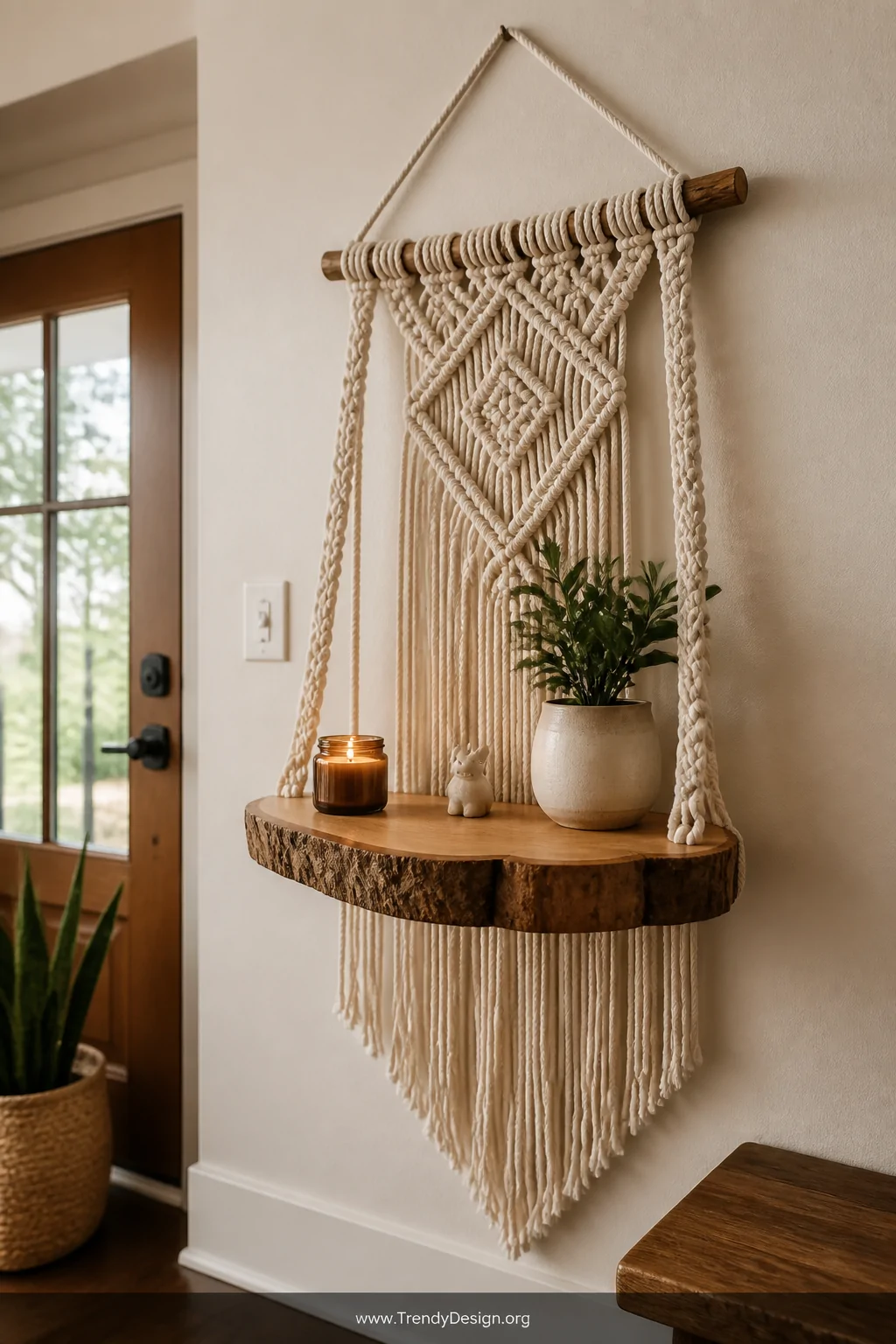 A medium shot of a macrame wall hanger with an integrated live-edge wood slice shelf mounted in a bright entryway, the shelf 