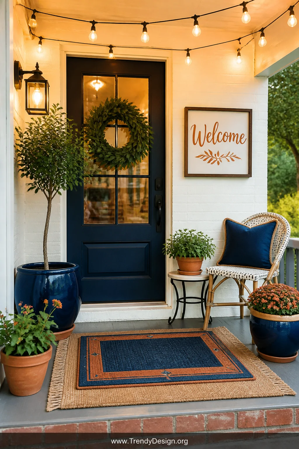 A polished wide-angle shot of a fully styled small front porch where navy blue, warm terracotta, and natural jute tones repea