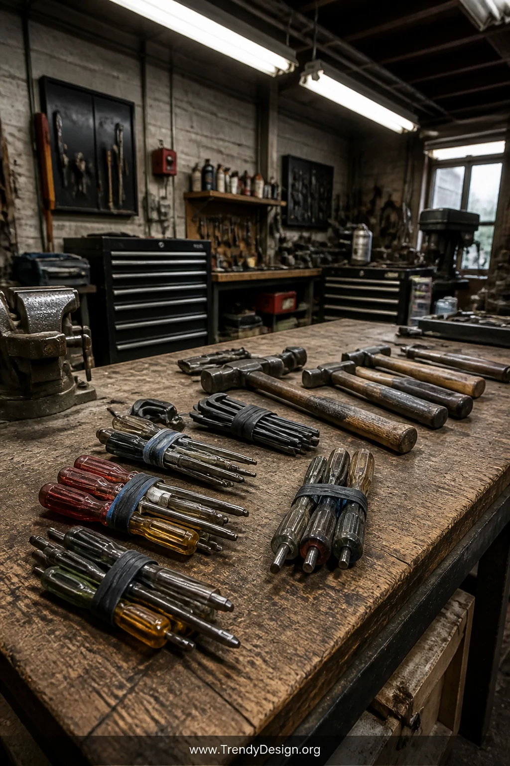 A wide shot of a rugged garage workshop with a weathered wooden workbench, groups of screwdrivers and Allen wrenches bundled 