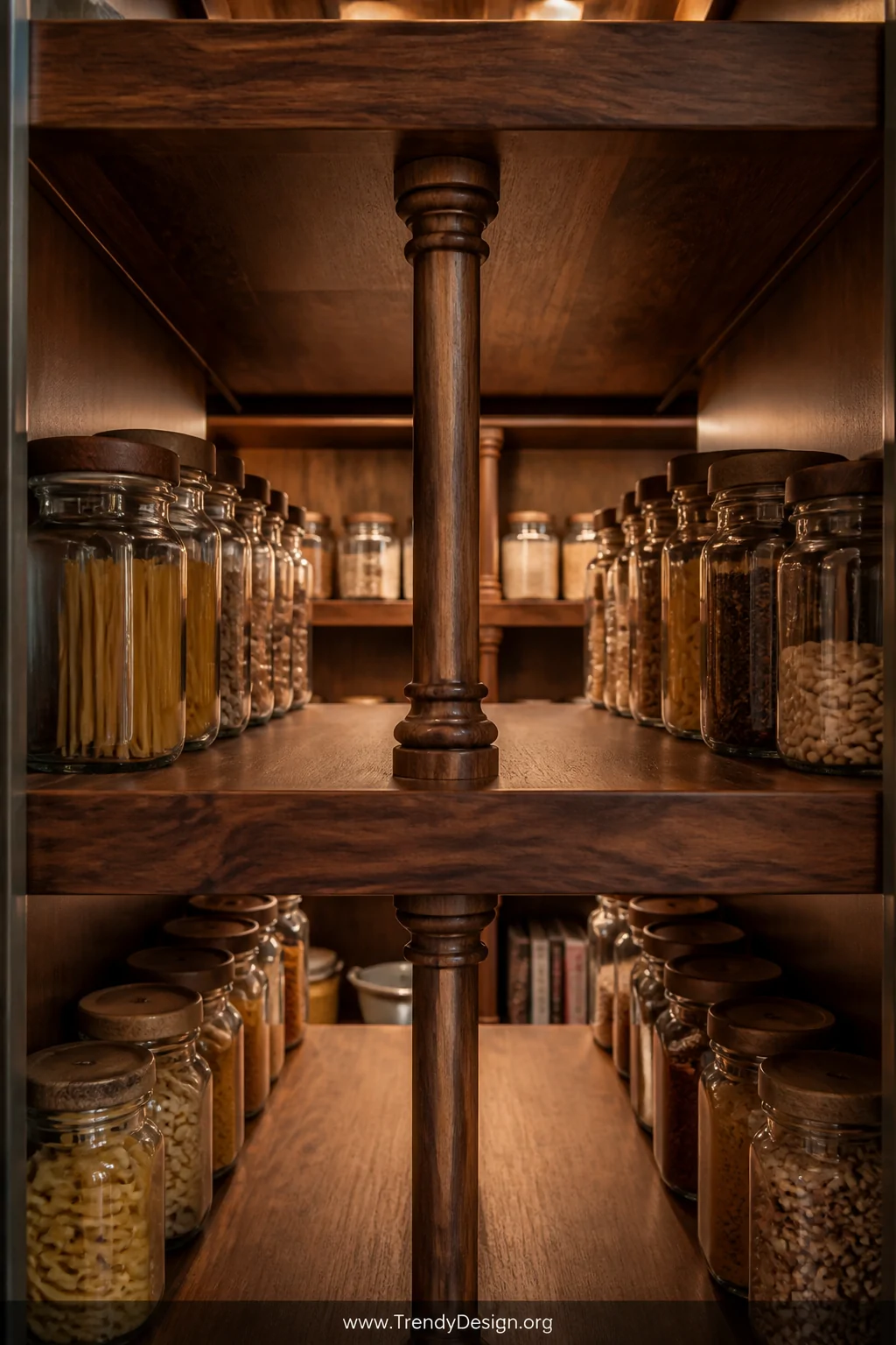 Medium shot looking straight down a deep pantry shelf run showing thick natural walnut boards spanning a wide cabinet interio