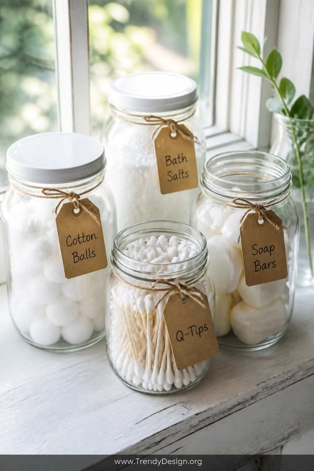 Closeup shot of four large clear glass mason jars grouped closely together on a whitewashed wooden windowsill, each jar label
