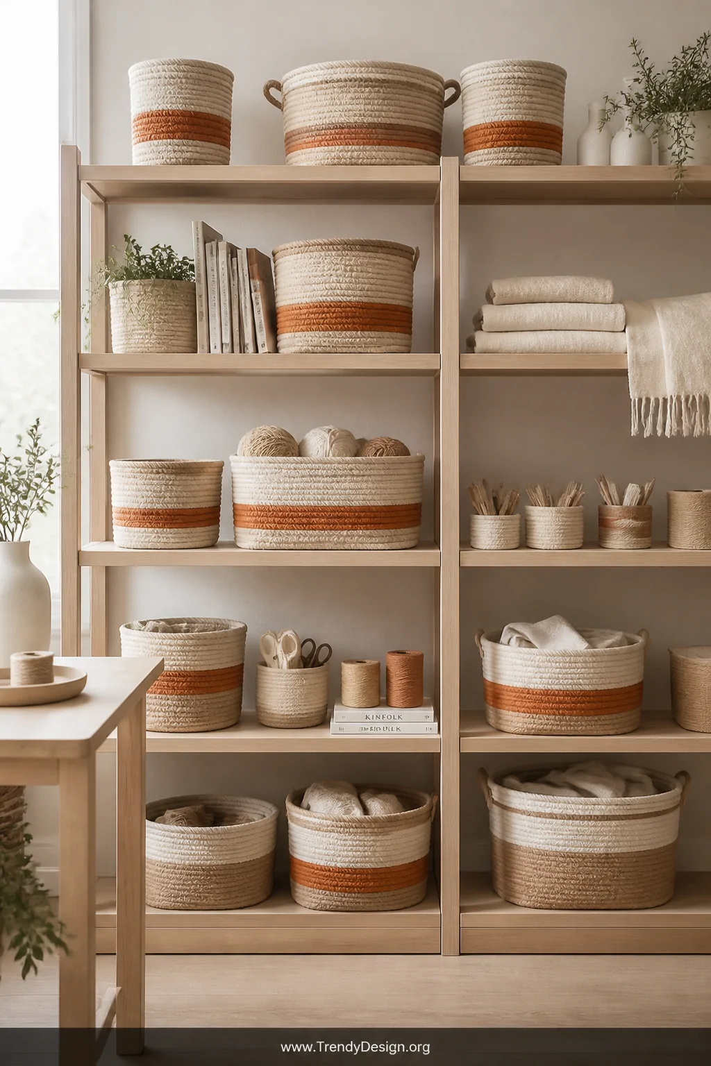 A collection of coiled yarn baskets in warm oatmeal, tan, and a single bold terracotta accent stripe stacked and arranged on 
