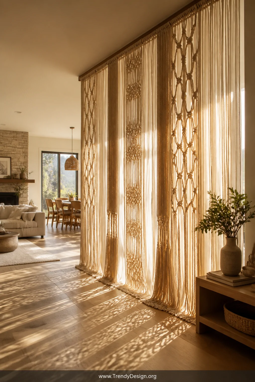 A wide shot of an airy open-plan living and dining space separated by a floor-to-ceiling knotted fabric curtain divider, macr