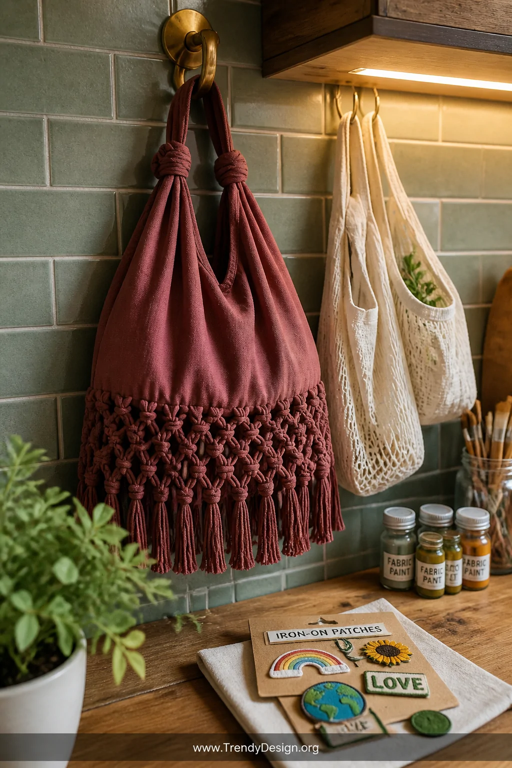 A cheerful eco-conscious kitchen corner with sage green subway tile backsplash and warm under-cabinet lighting, a no-sew knot