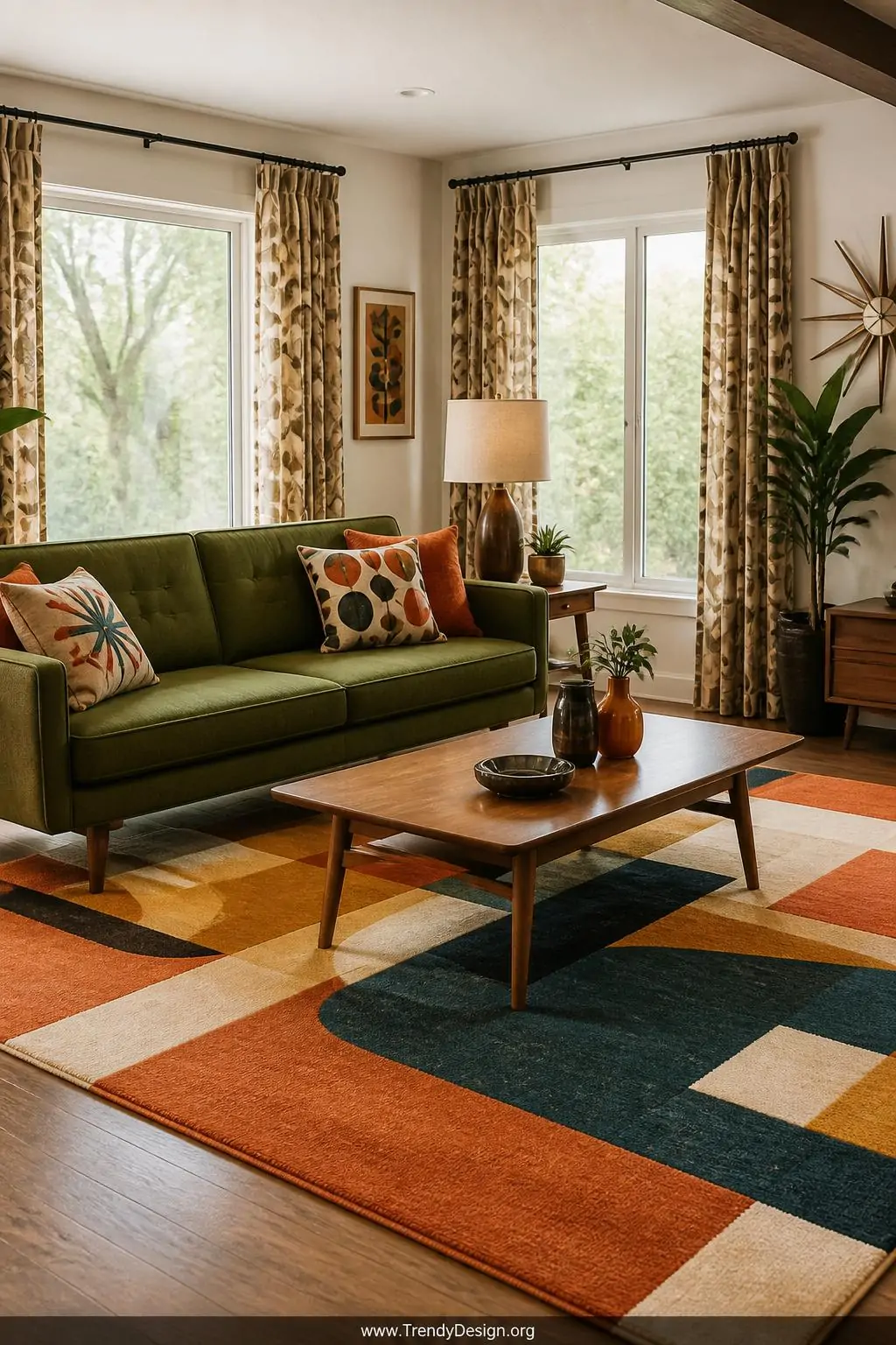 Wide shot of a mid century modern living room anchored by a bold geometric low-pile area rug in burnt orange, mustard, and de