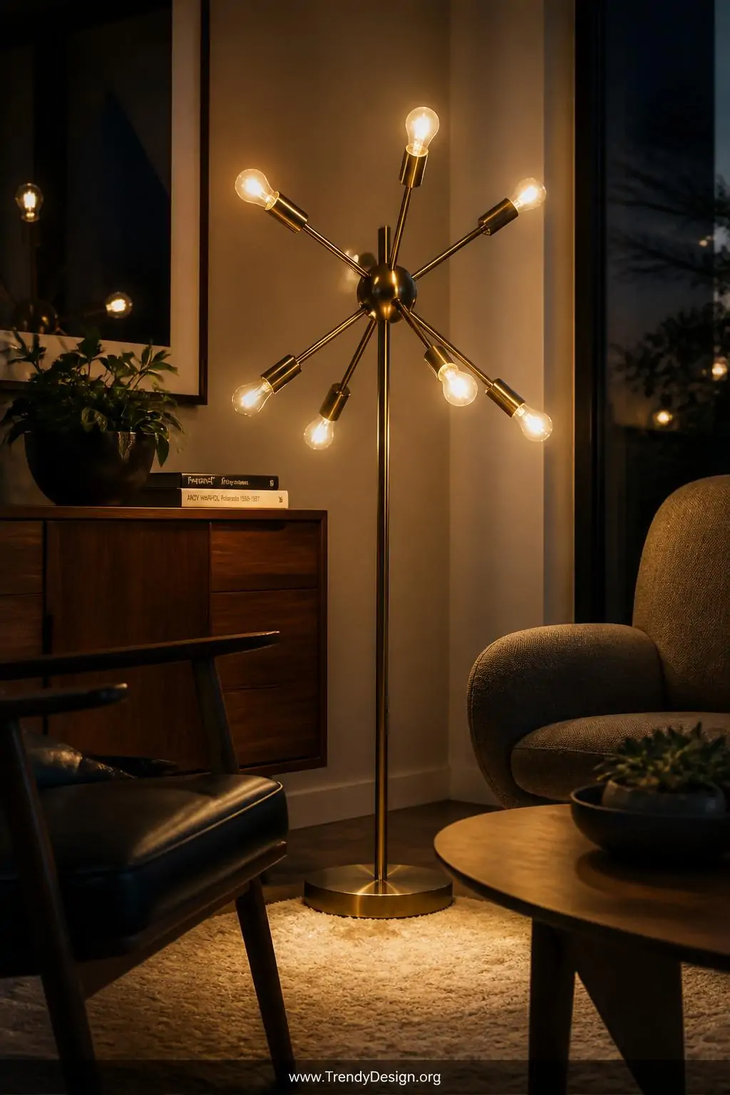 A brass Sputnik-style floor lamp with multi-directional exposed bulbs glows warmly in the corner of a mid century modern livi