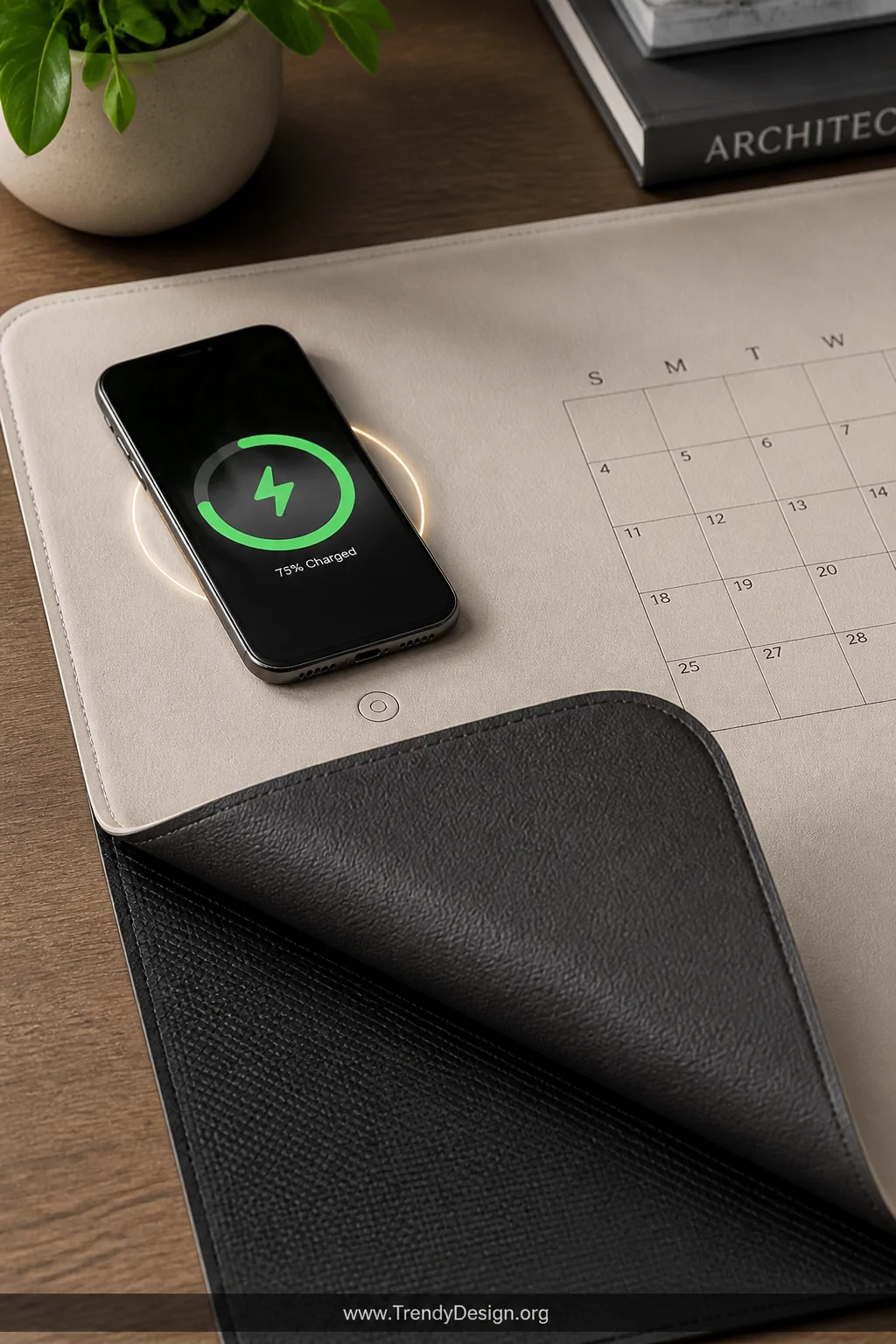 A close-up detail shot of a dual-sided reversible desk pad shown flipped at the corner to reveal a rich charcoal dark tone un