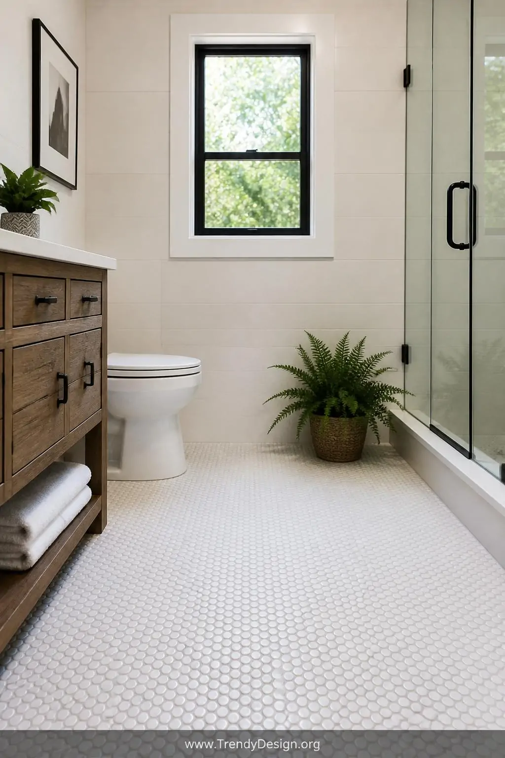 Close-up and medium photorealistic interior design shot of a charming small bathroom with a floor entirely covered in classic
