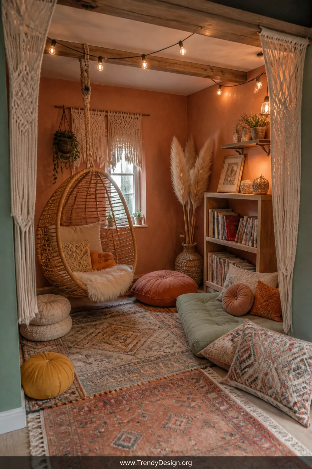 Wide interior shot of a cozy bohemian reading nook playhouse with terracotta and dusty sage painted walls, macramé curtains f