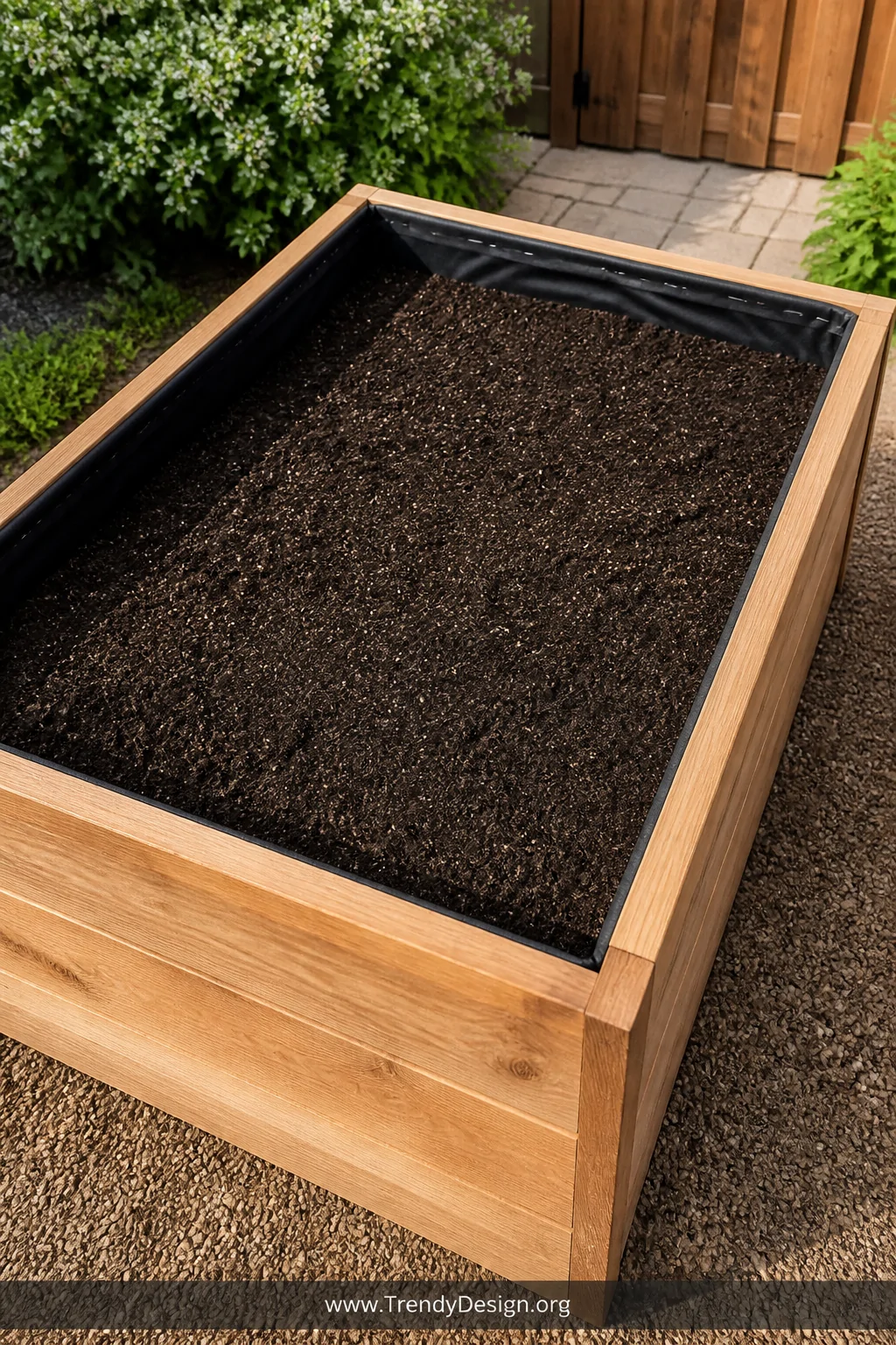 Medium overhead shot of a clean raised wooden garden bed interior lined with dark landscape-fabric tarp folded neatly up the 