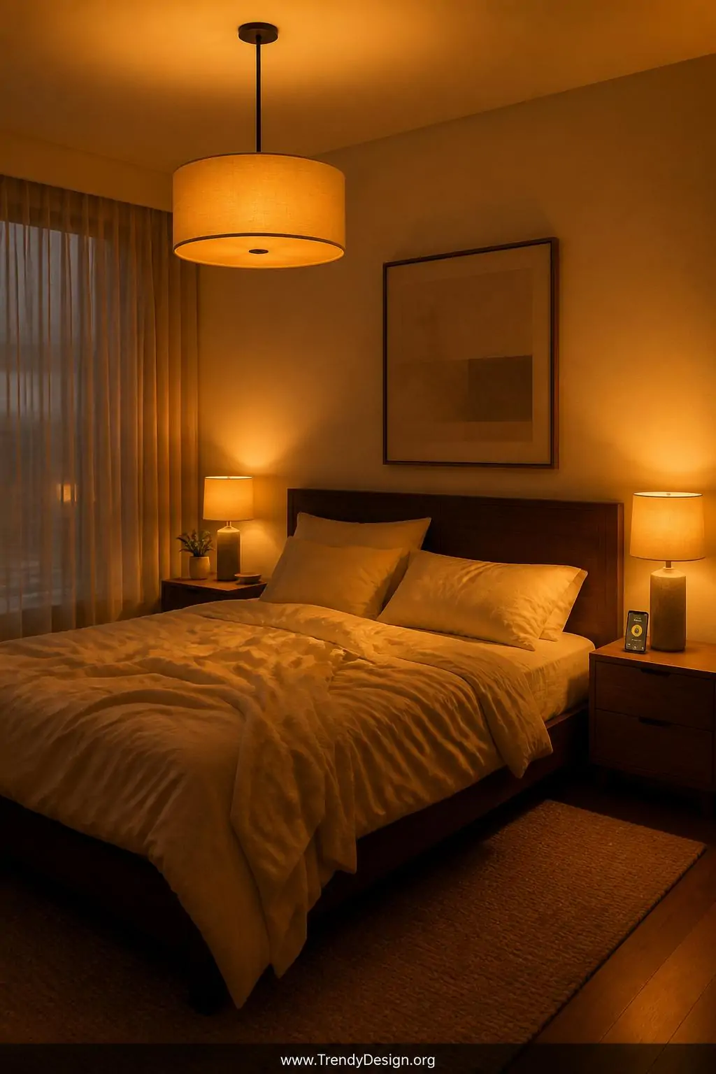 A wide cinematic bedroom shot captures a smart lighting system at its evening wind-down routine   Philips Hue bulbs in a line