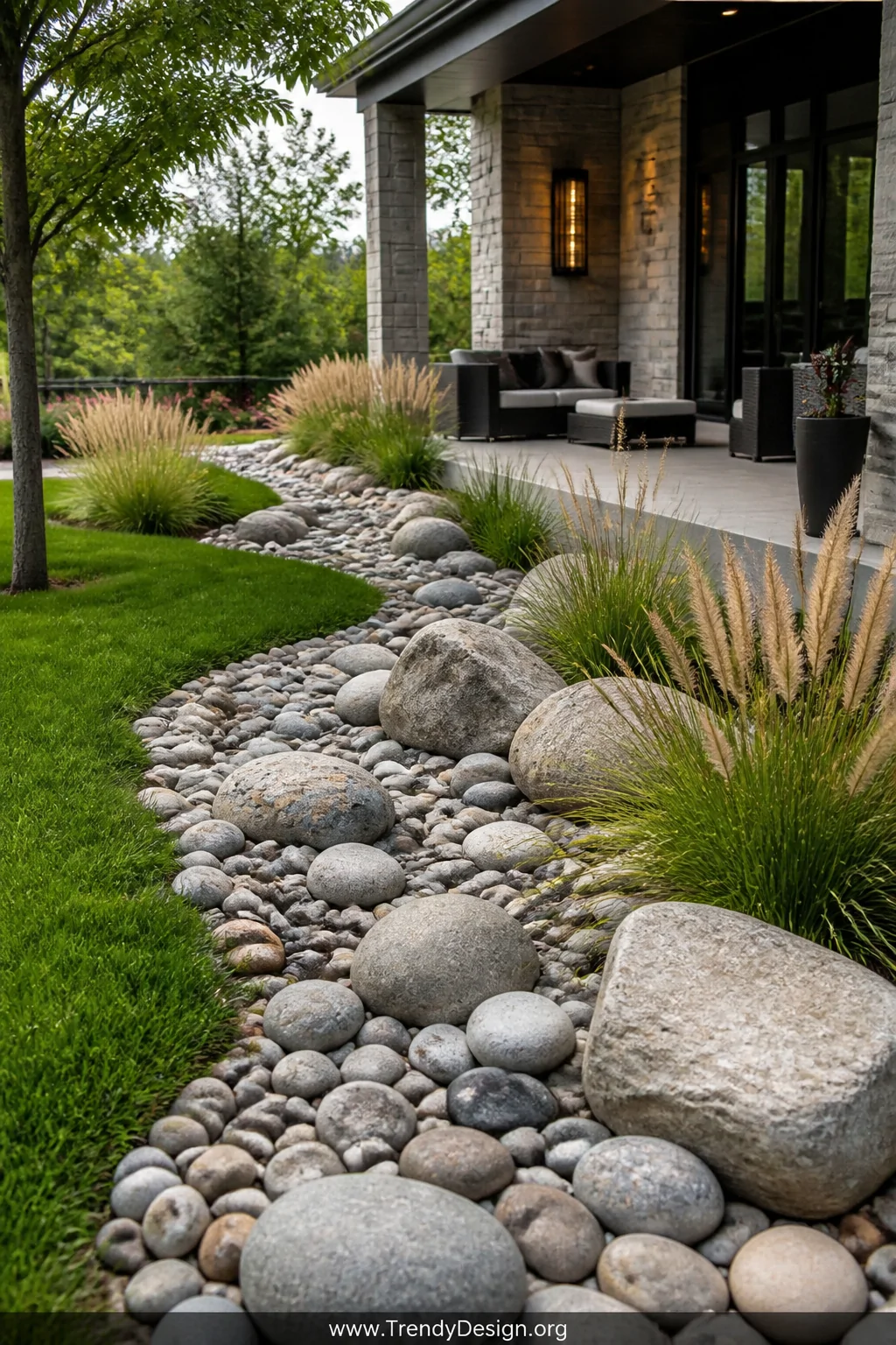 Wide photorealistic shot of a decorative dry creek bed flowing along a patio edge, rounded river rocks in small, medium, and 