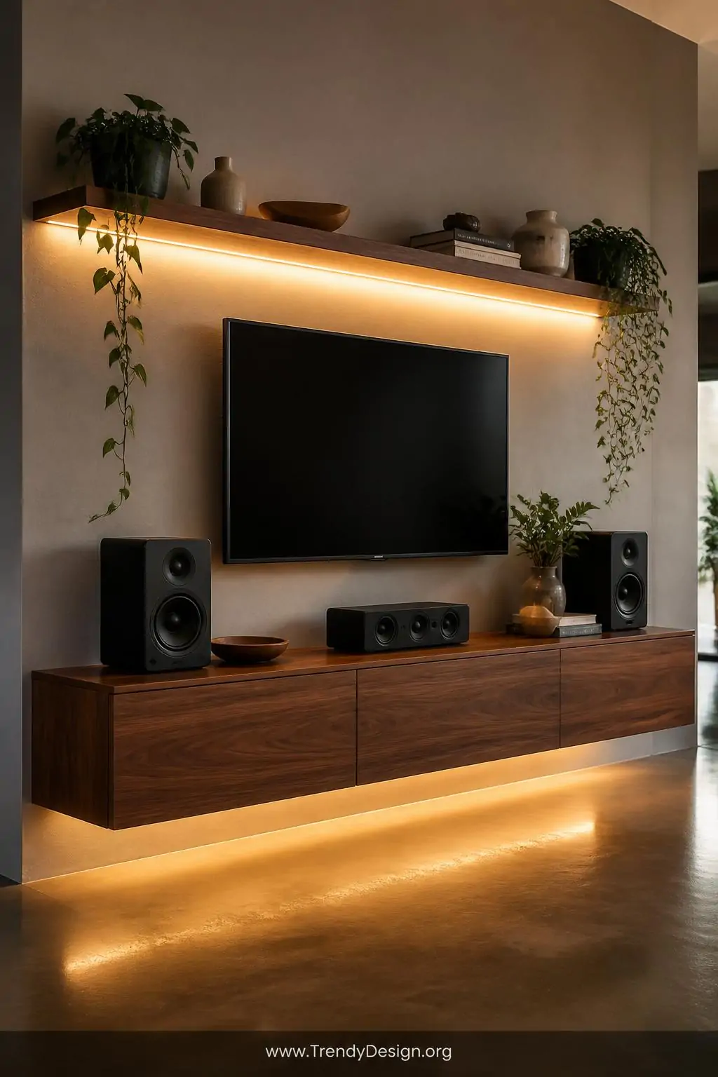 Medium shot of a floating walnut media console with warm white LED strip lights glowing underneath, the amber light bouncing 