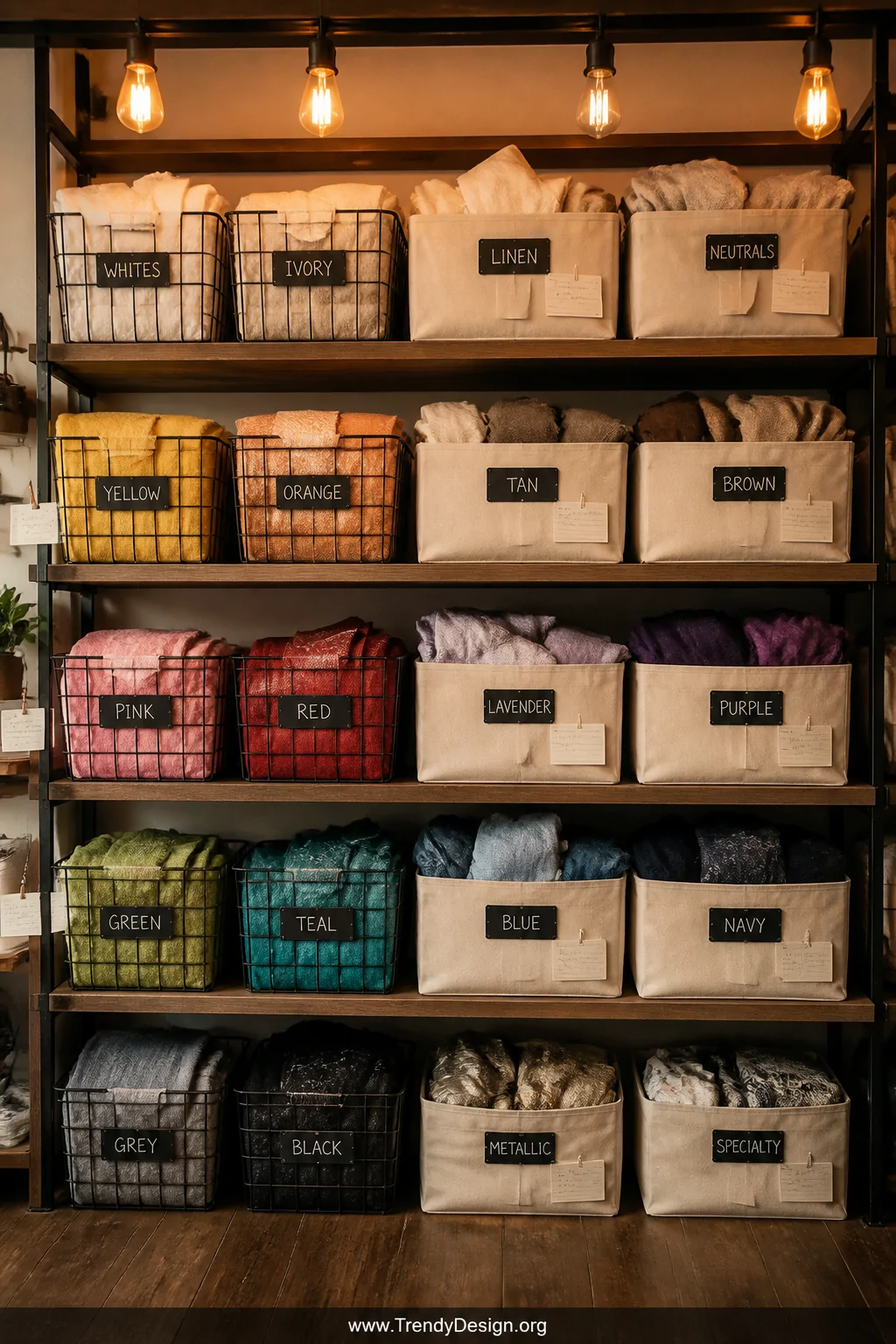 A wide shelf shot of a styled open shelving unit holding multiple labeled natural canvas bins and wire baskets sorted by colo