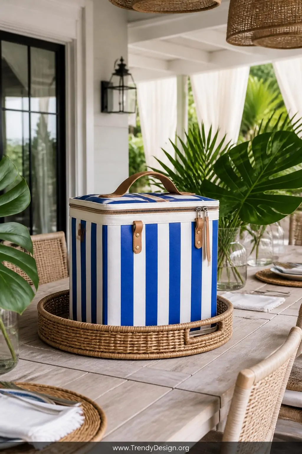 A soft-sided cooler wrapped in bold cobalt and white striped outdoor linen fabric, edges finished with cream ribbon trim and 