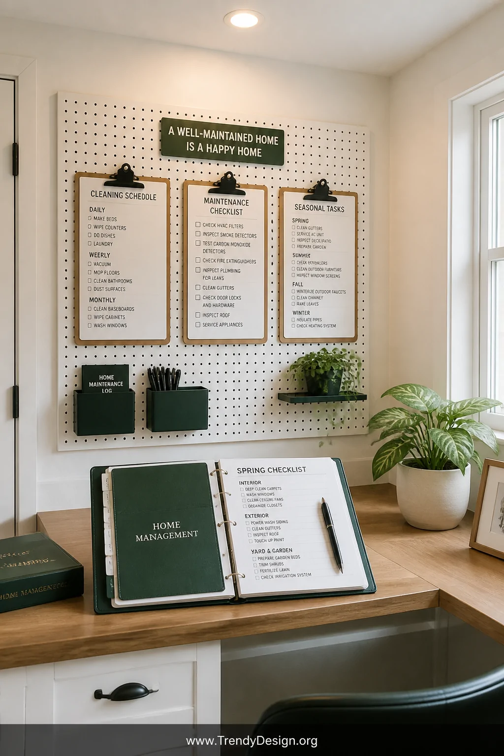 A wide shot of a bright, organized home office nook with a wall-mounted pegboard holding cleaning schedules and maintenance c