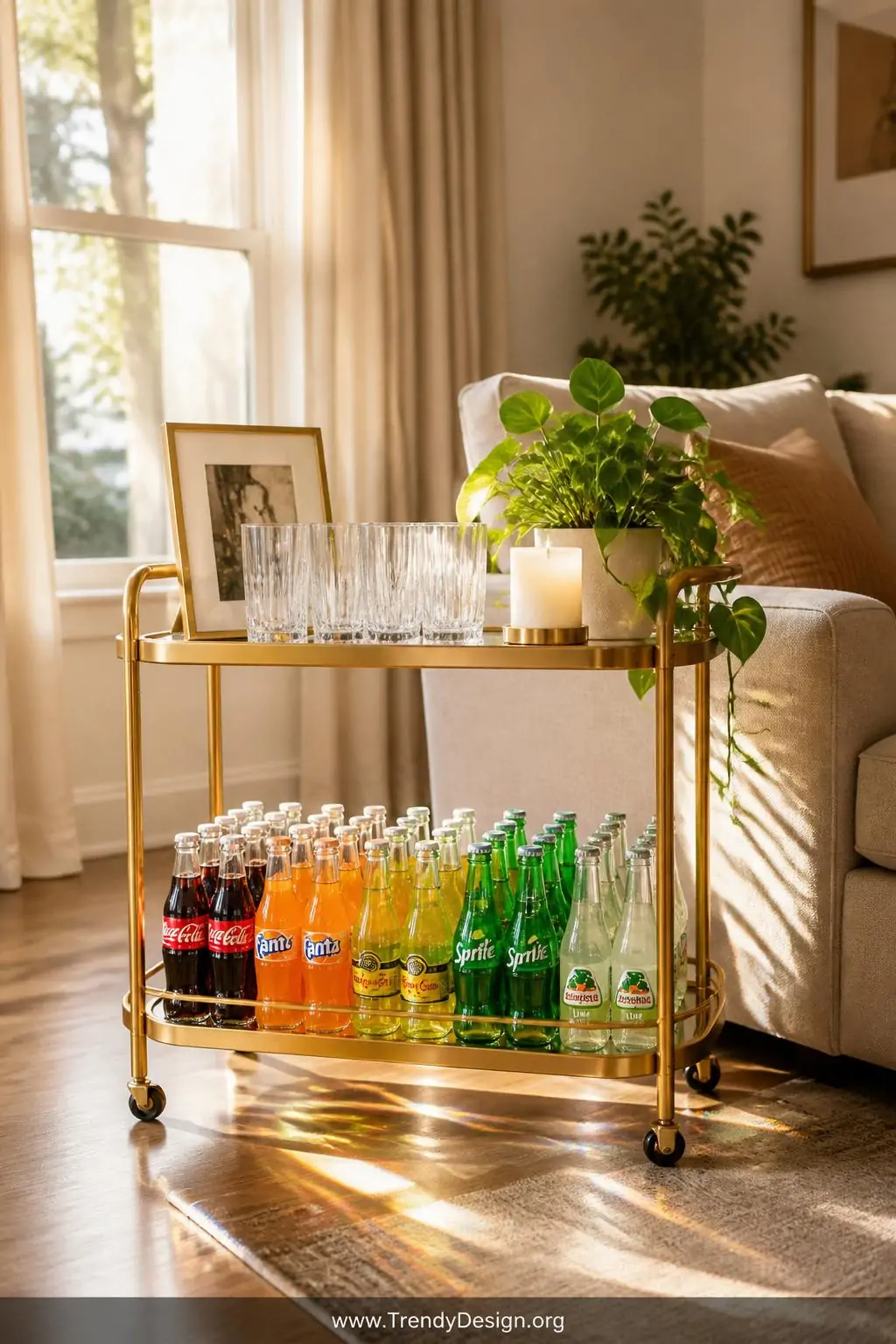 A gleaming mid-century gold rolling bar cart positioned in a bright living room near a large linen-curtained window holds an 