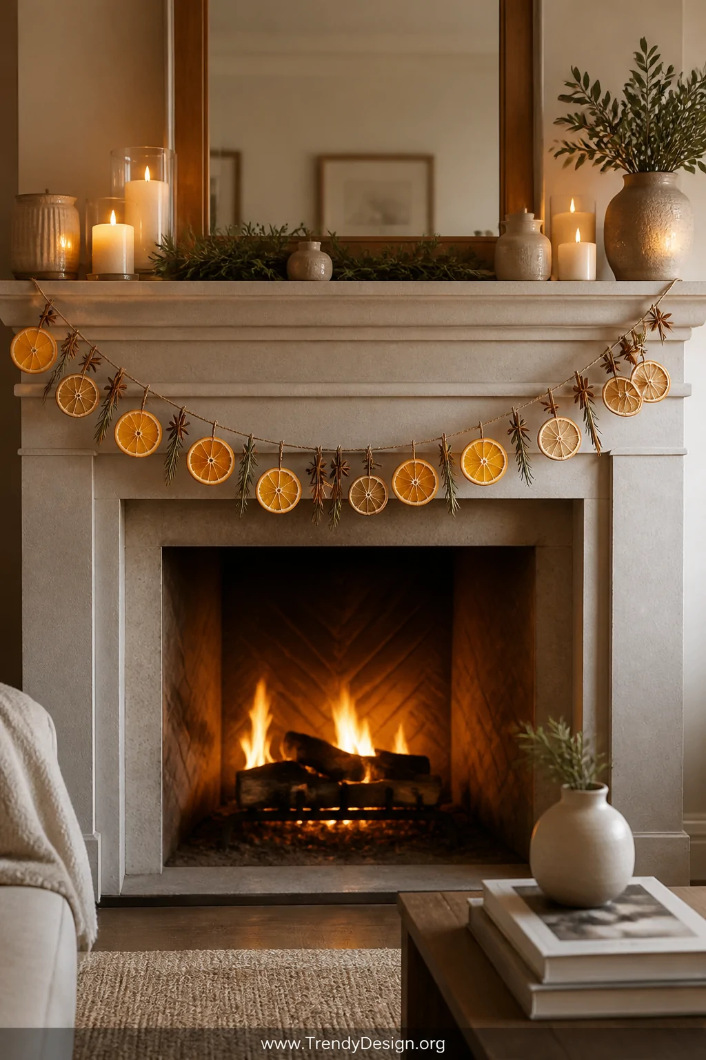 Wide shot of a cozy living room fireplace mantle draped with a dried citrus garland strung on natural twine, featuring transl