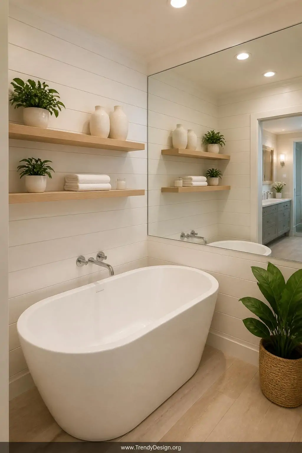 Wide shot of a small but elegantly styled bathroom with a compact 55-inch white freestanding soaking tub angled into a corner