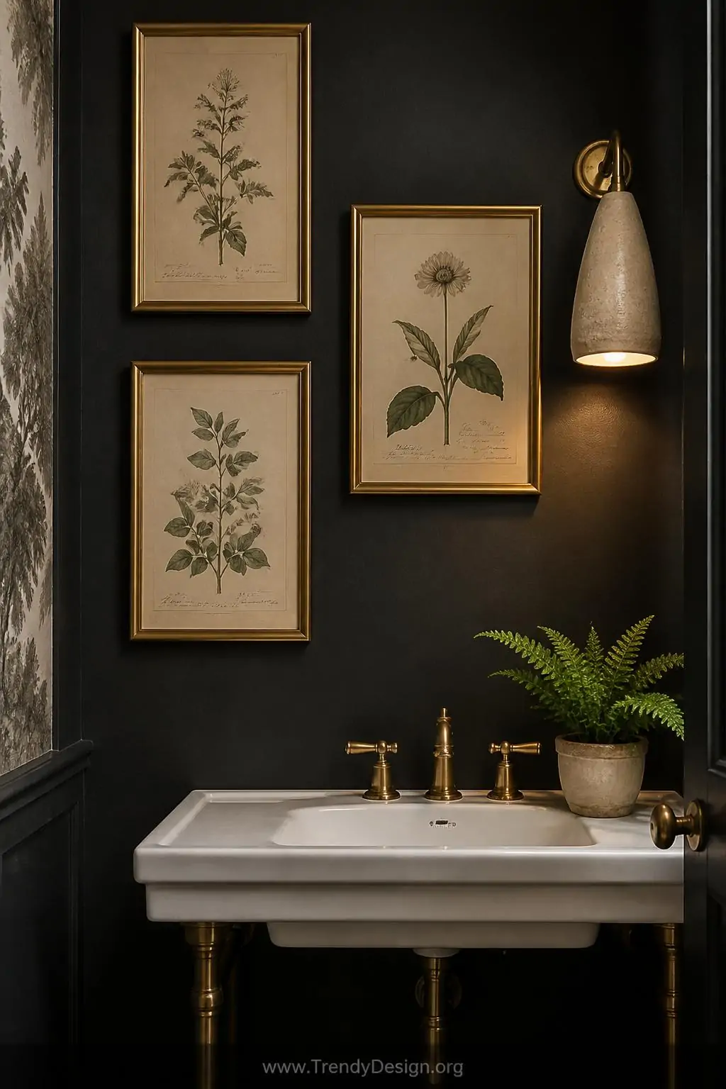 Medium shot of a half bathroom wall displaying a curated gallery arrangement of three framed vintage botanical illustrations 