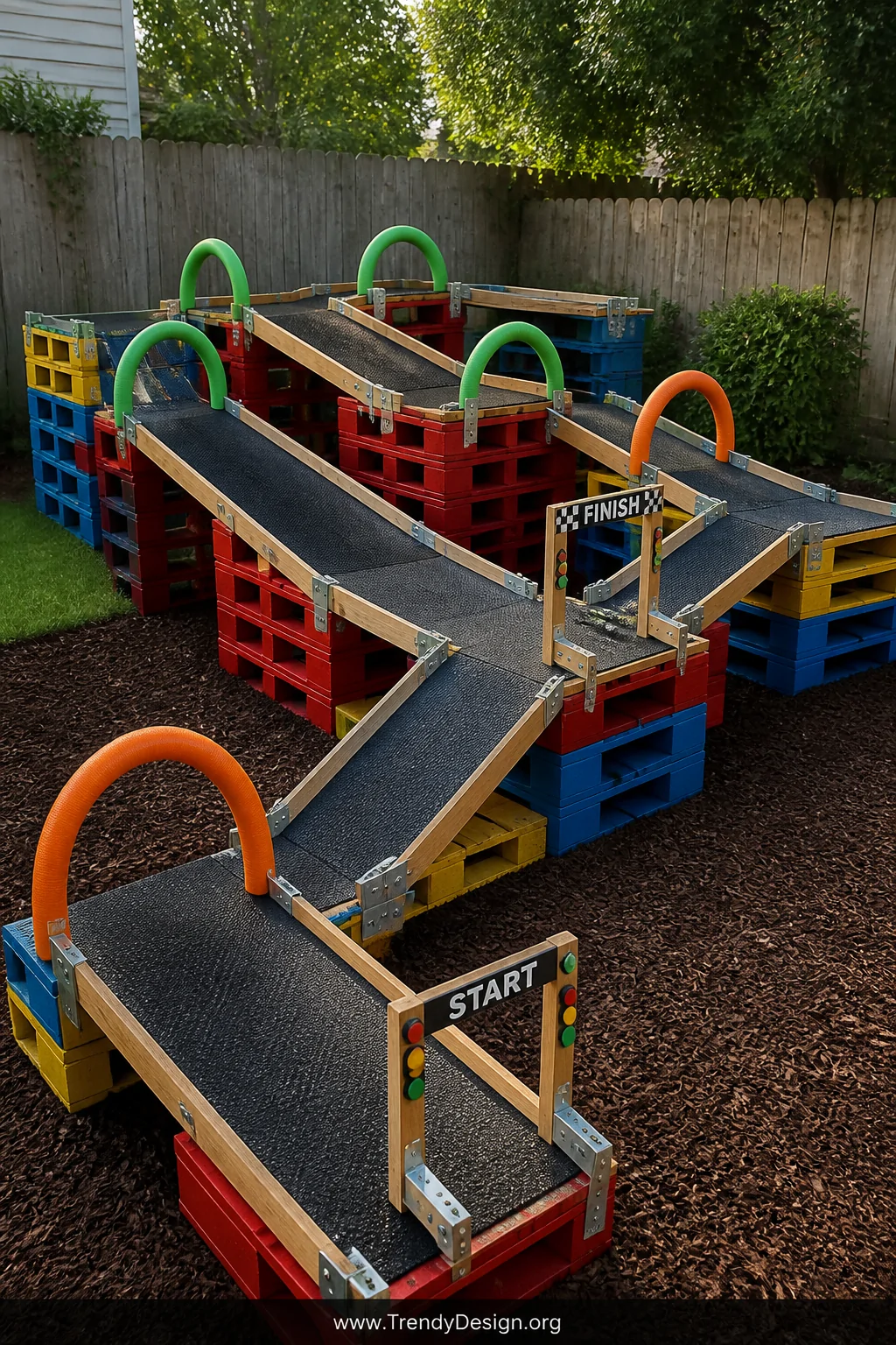 A backyard multi-level race track built from stacked wooden pallets painted in bright primary red, blue, and yellow, connecte