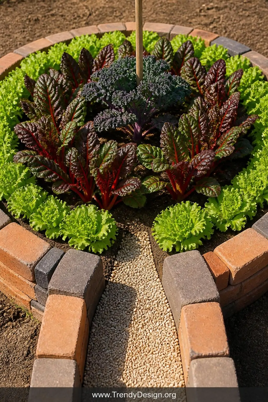 A closeup photorealistic shot of a circular keyhole garden bed edged with neatly arranged warm terracotta and charcoal decora