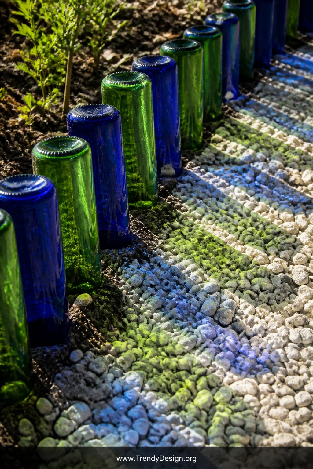 A close-up detail shot of cobalt blue and green glass wine bottles buried neck-down in a row along a gravel driveway edge, la