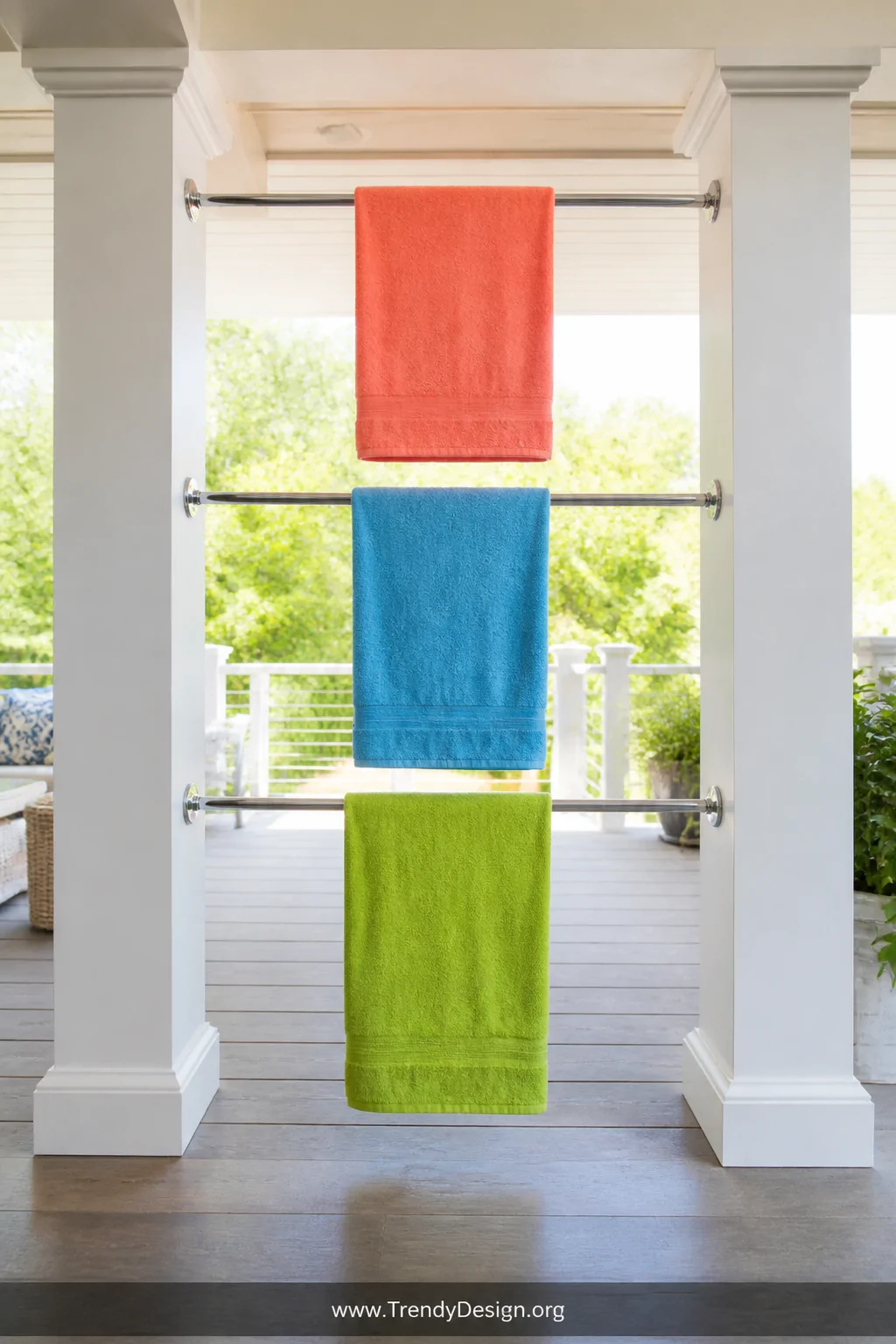 A medium shot of three heavy-duty chrome tension rods stretched horizontally between two white-painted square deck pillars at