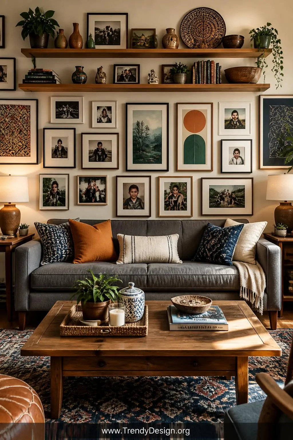 Medium photorealistic interior design shot of a deeply personal family room anchored by a gray sofa beneath a curated gallery