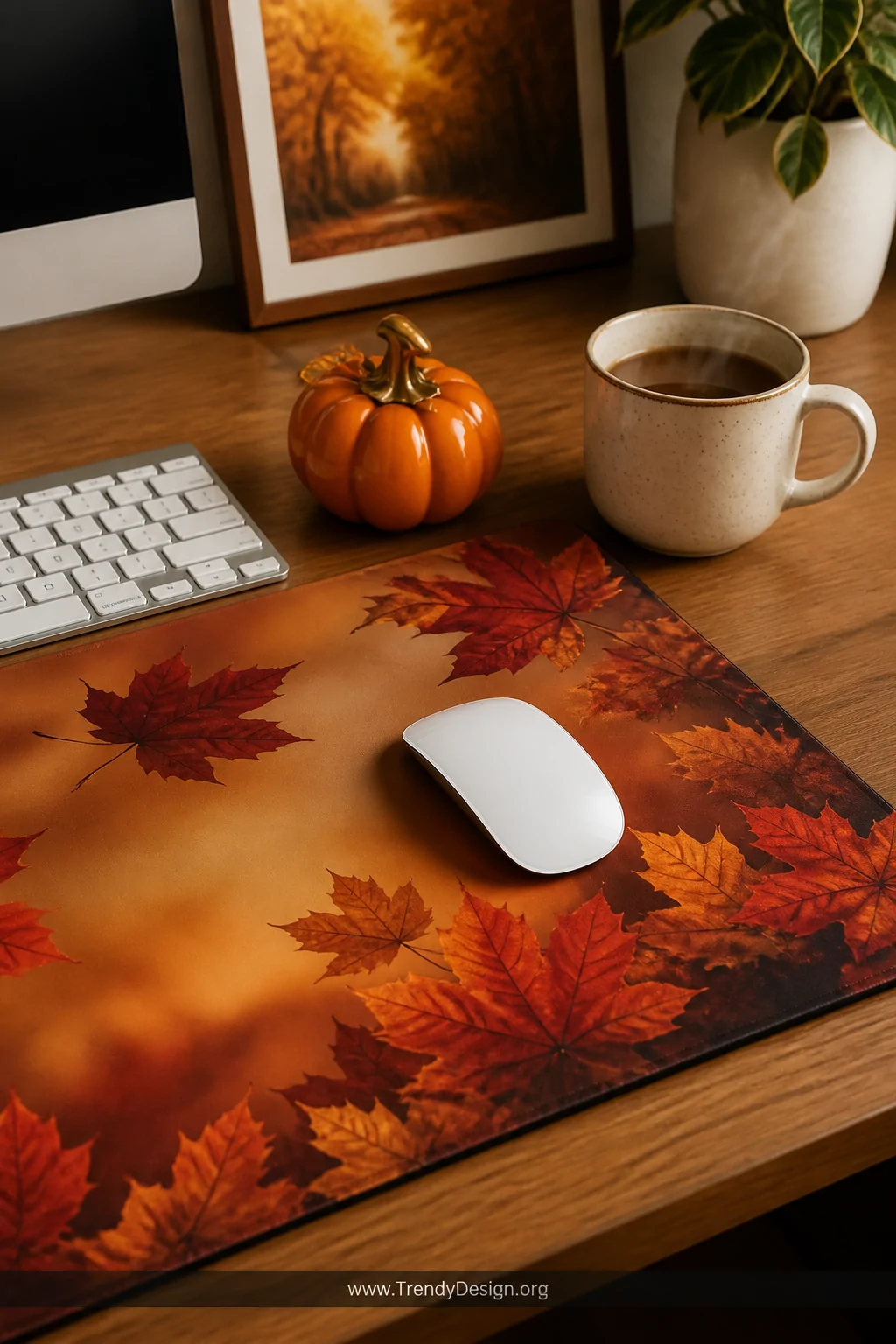A closeup detail shot of a cozy autumn-themed home office desk corner featuring a seasonal mousepad printed with rich burnt o