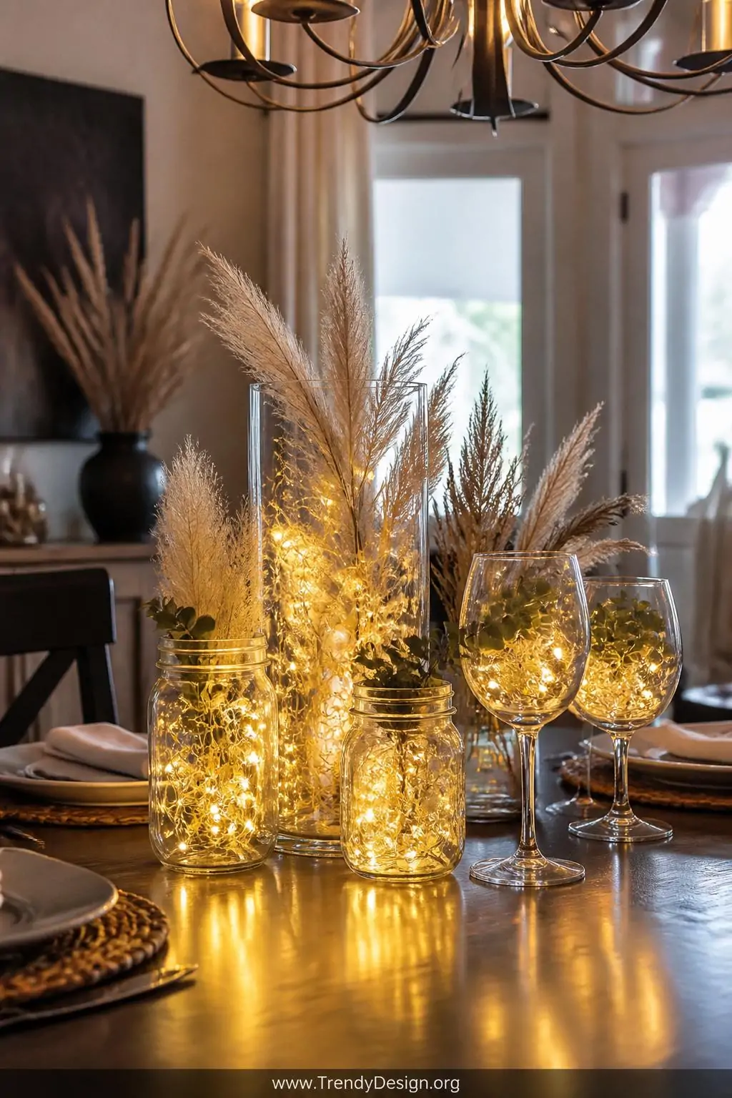 Medium shot of a styled dining table centerpiece featuring five glass vessels of dramatically varying heights including mason