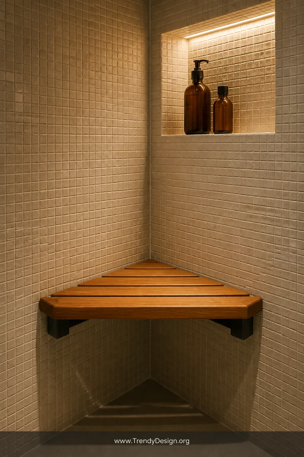 Medium shot of a corner shower bench seamlessly integrated into the junction of two walls tiled in textured warm sand-colored