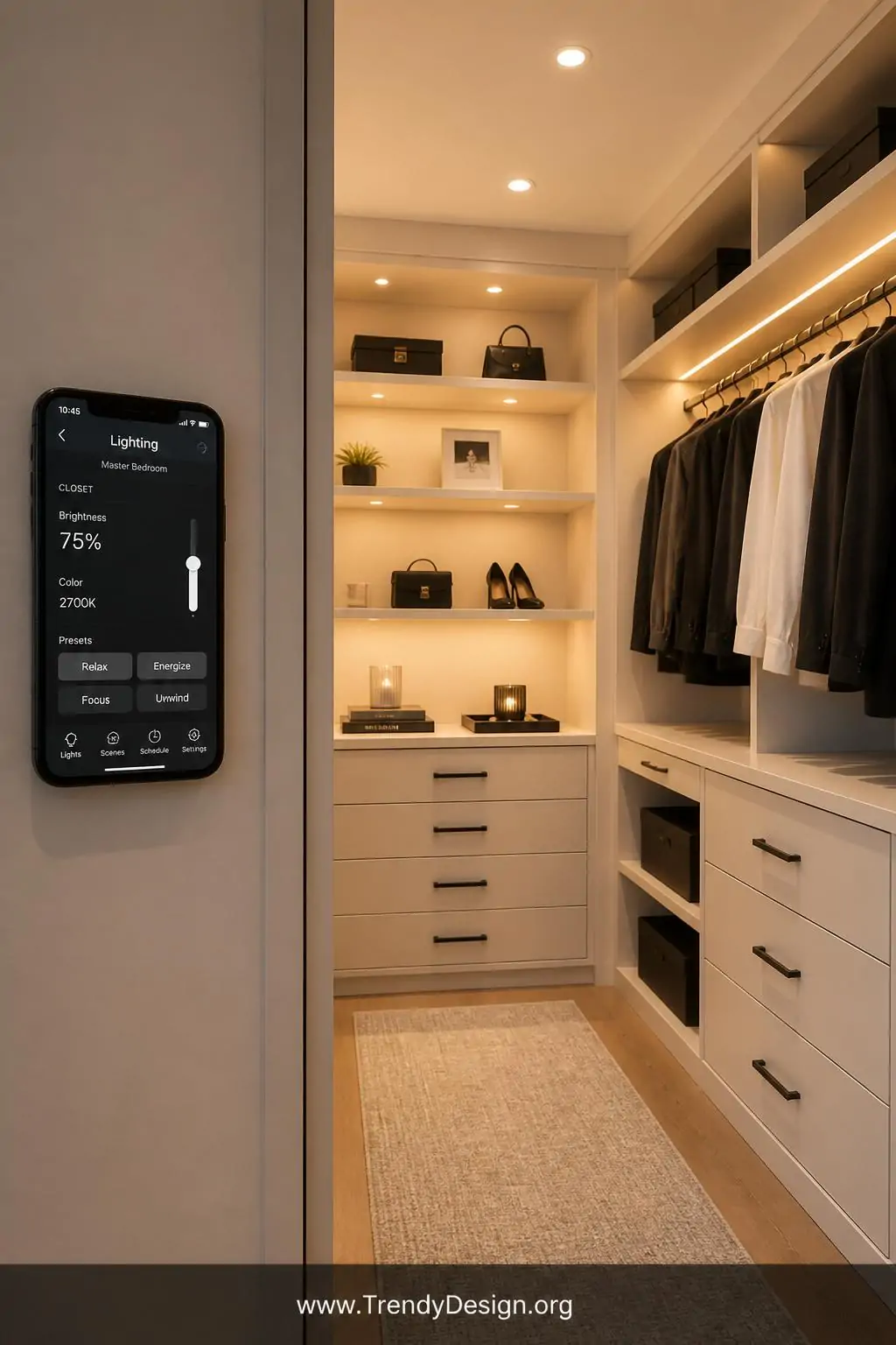 Wide shot of a modern walk-in closet with color-tunable smart recessed puck lights installed on white floating shelves glowin