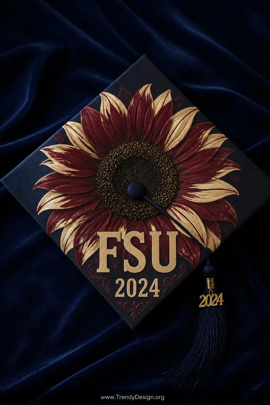 A medium photorealistic shot of a graduation cap displayed on a navy velvet surface, sunflower petals painted in deep crimson