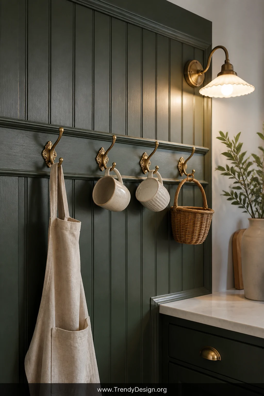 A medium kitchen shot of hunter green beadboard apron board panels with a row of antique brass ornate-backplate hooks mounted