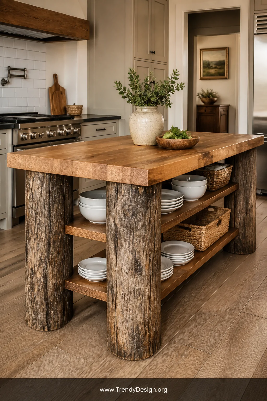 Wide photorealistic interior kitchen shot featuring a custom island with four short rough-textured telephone pole leg section