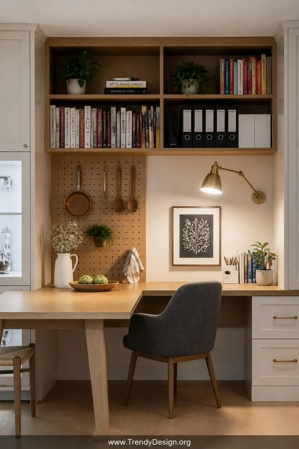 Wide shot of a dual-purpose built-in kitchen nook featuring a seamless transition from a compact white oak dining table to an
